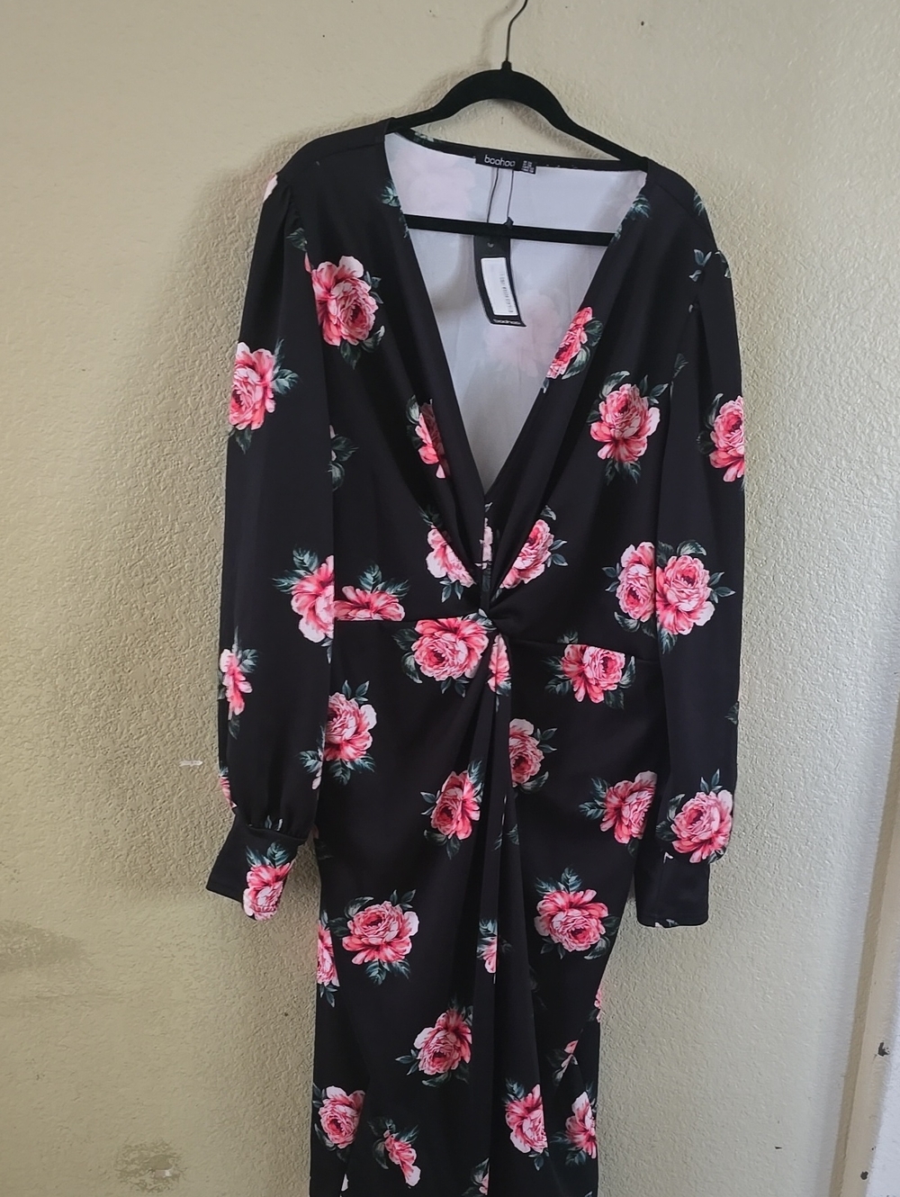 Boohoo Black Maxi Dress with Pink Rose Floral Print